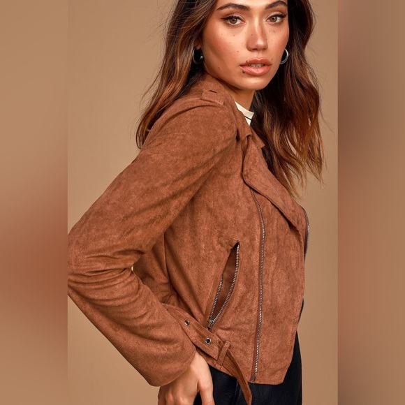 LULUS | Ride With Me Brown Vegan Suede Moto Jacket - Picture 2 of 3